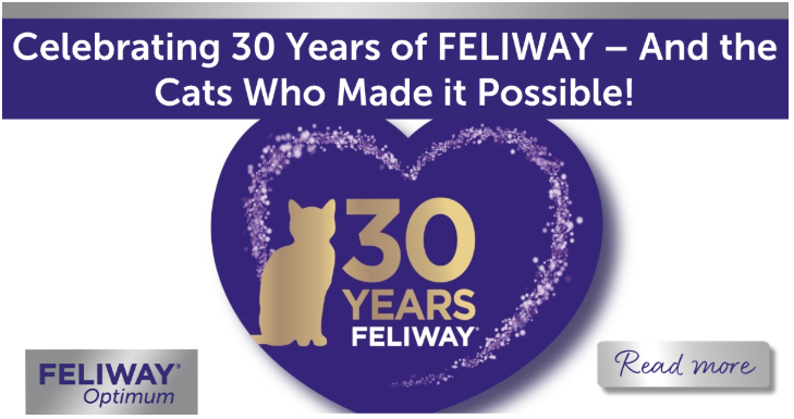 Purple heart-shaped badge with a gold cat silhouette and the text “30 Years FELIWAY,” surrounded by a sparkling heart outline.